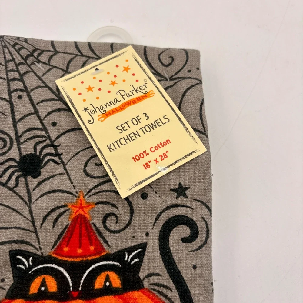 Johanna‎ Parker Halloween Kitchen Towels Set Black Cat Pumpkin Boo Grey Cotton